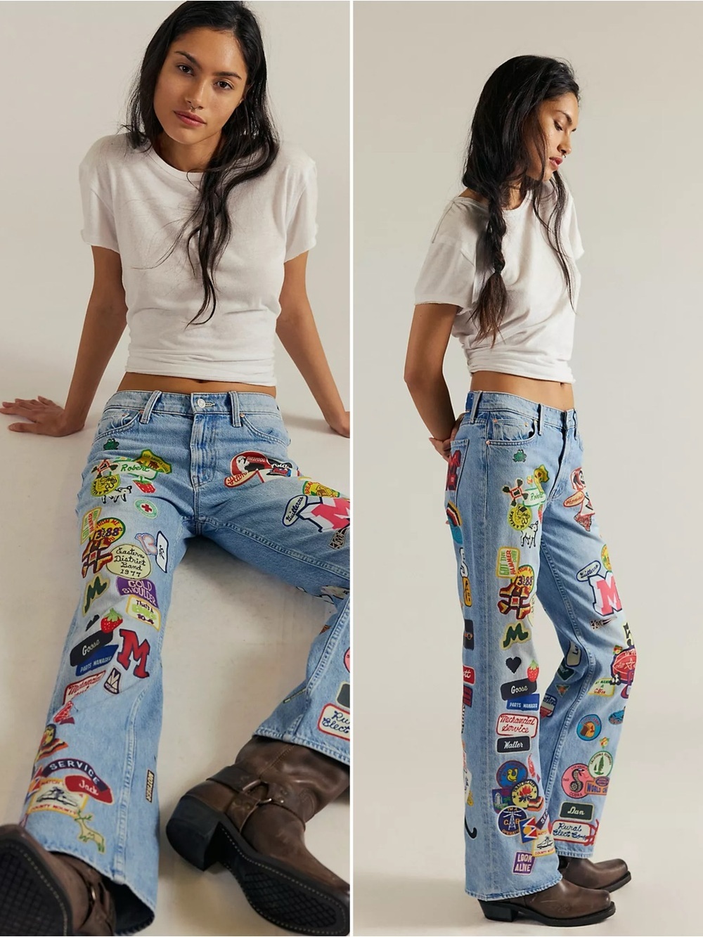 Free People Patchwork Sticker Wide Leg Jeans Graphic Light Wash Denim Size 25